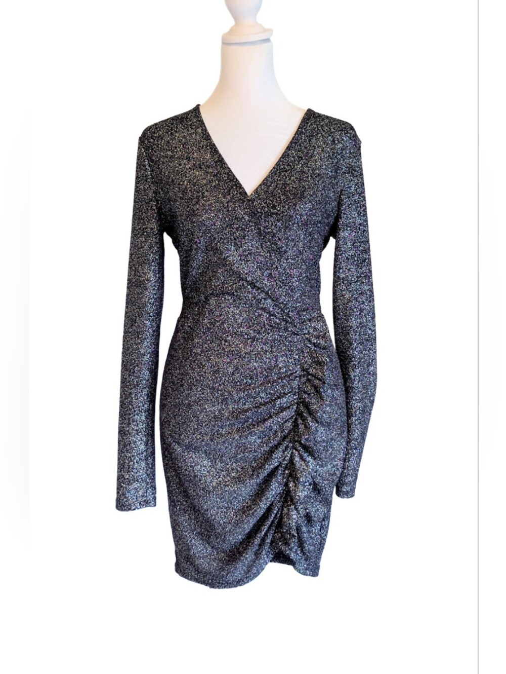 Bodycon Mini Dress Long Sleeve Side Ruching Low V-neck Glitter Sparkle Size M 6